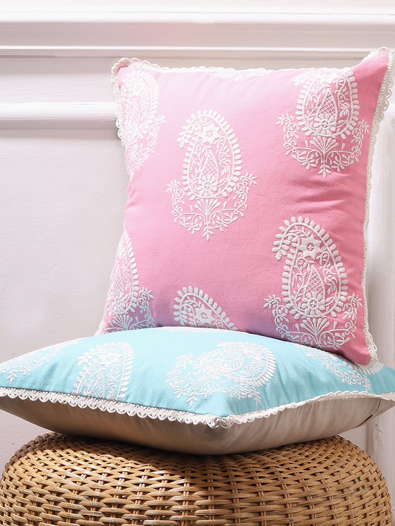 Buy Westside Home White Paisley Embroidered Fuchsia Cushion Cover from