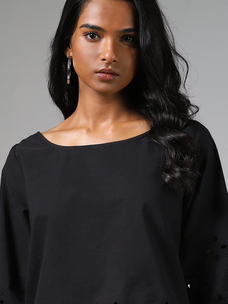 LOV Black Flower Cut-Out Top