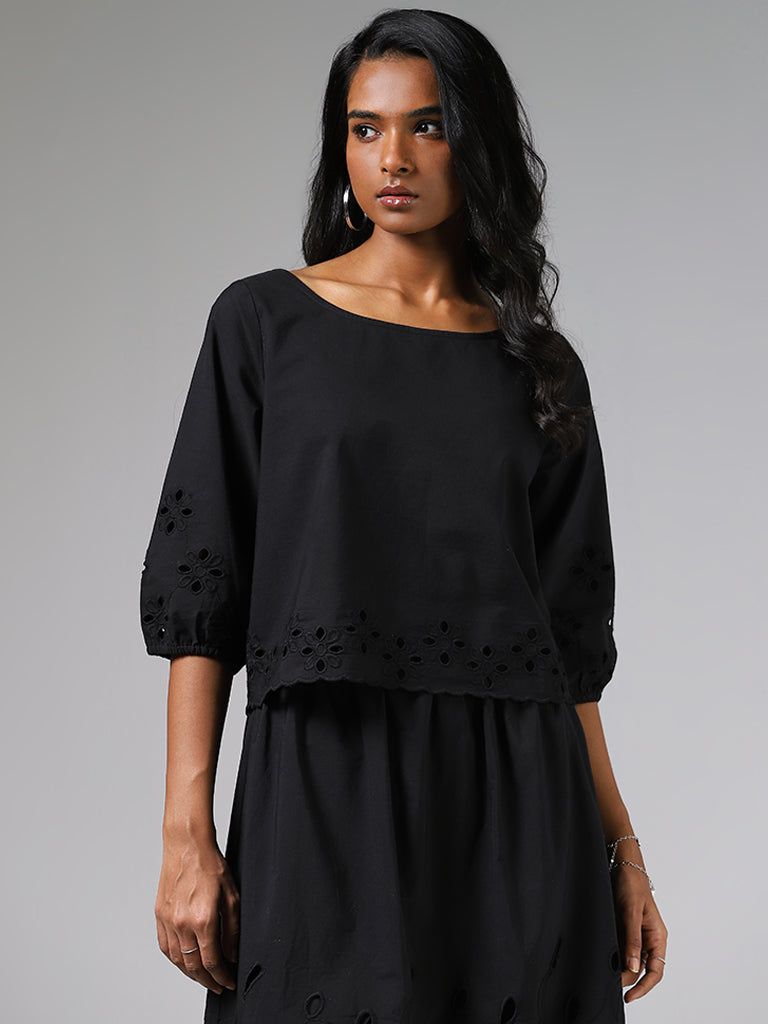 LOV Black Flower Cut-Out Top