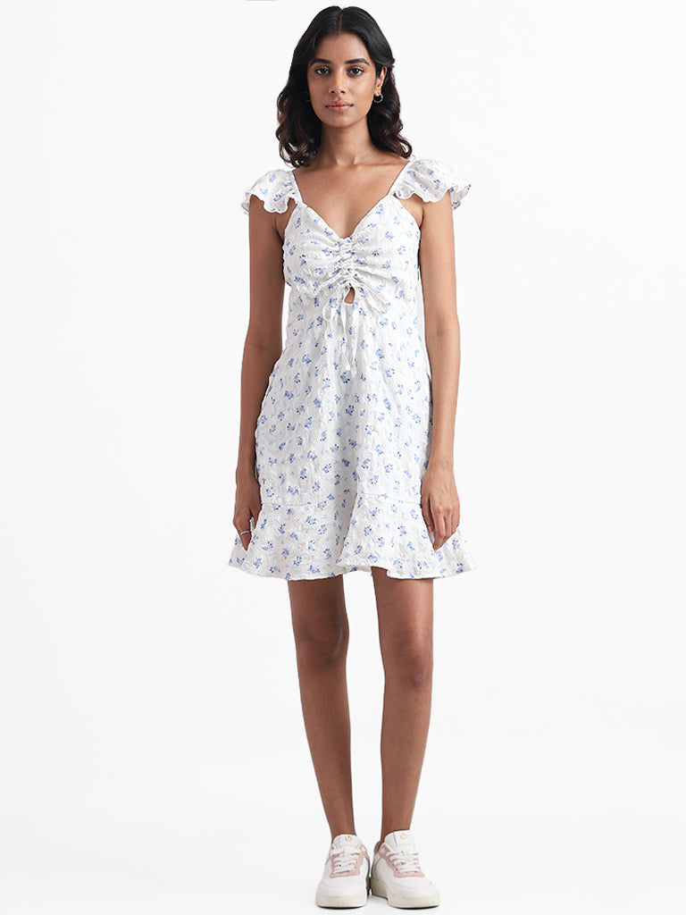 Nuon White Floral Printed Cutout Ruched Yoke Dress