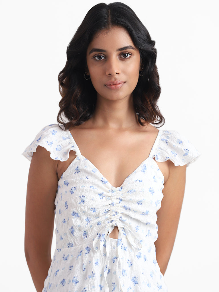 Nuon White Floral Printed Cutout Ruched Yoke Dress