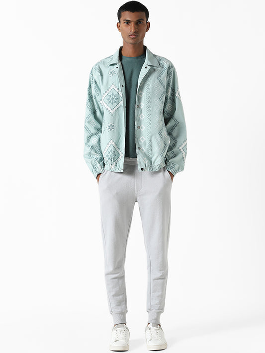 ETA Light Teal Printed Cotton Relaxed Fit Jacket