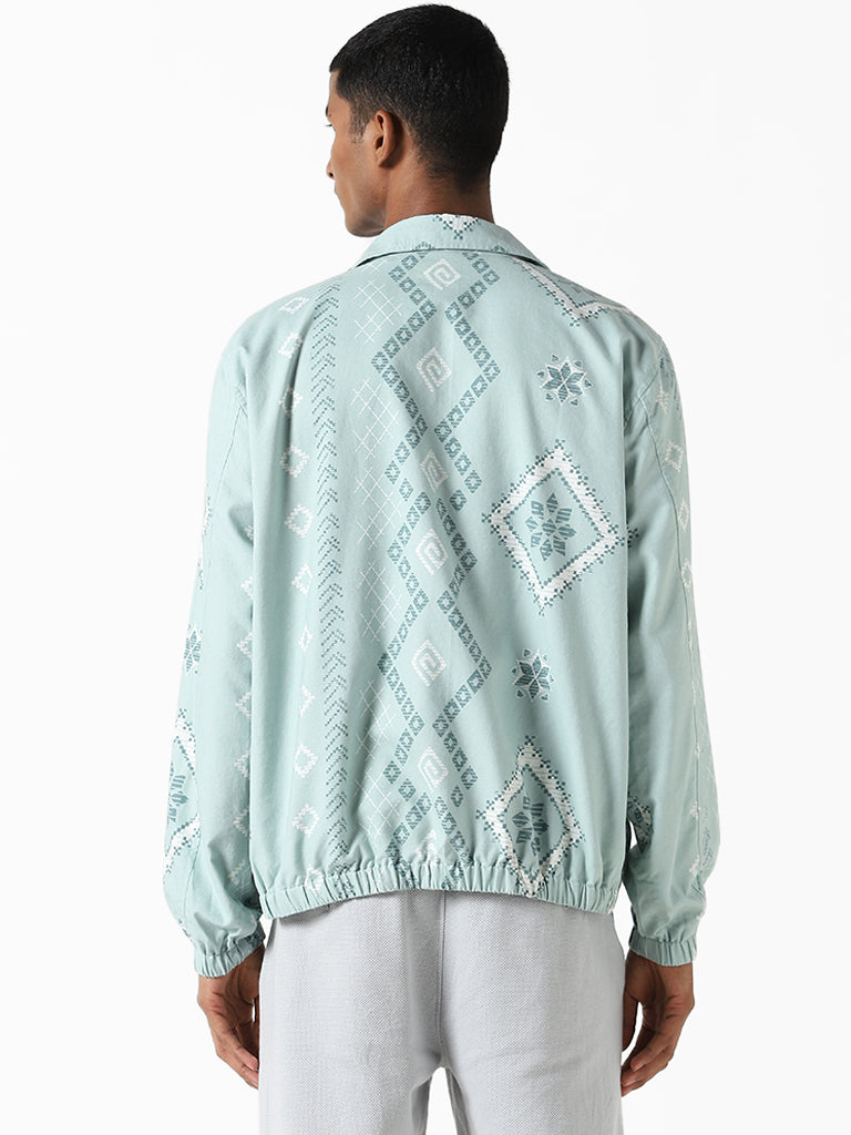 ETA Light Teal Printed Cotton Relaxed Fit Jacket