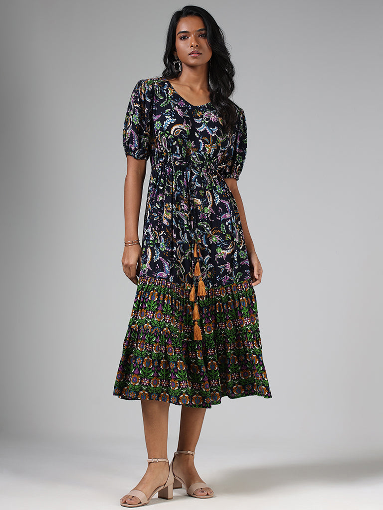 LOV Navy Blue Floral Paisley Printed Tiered Dress