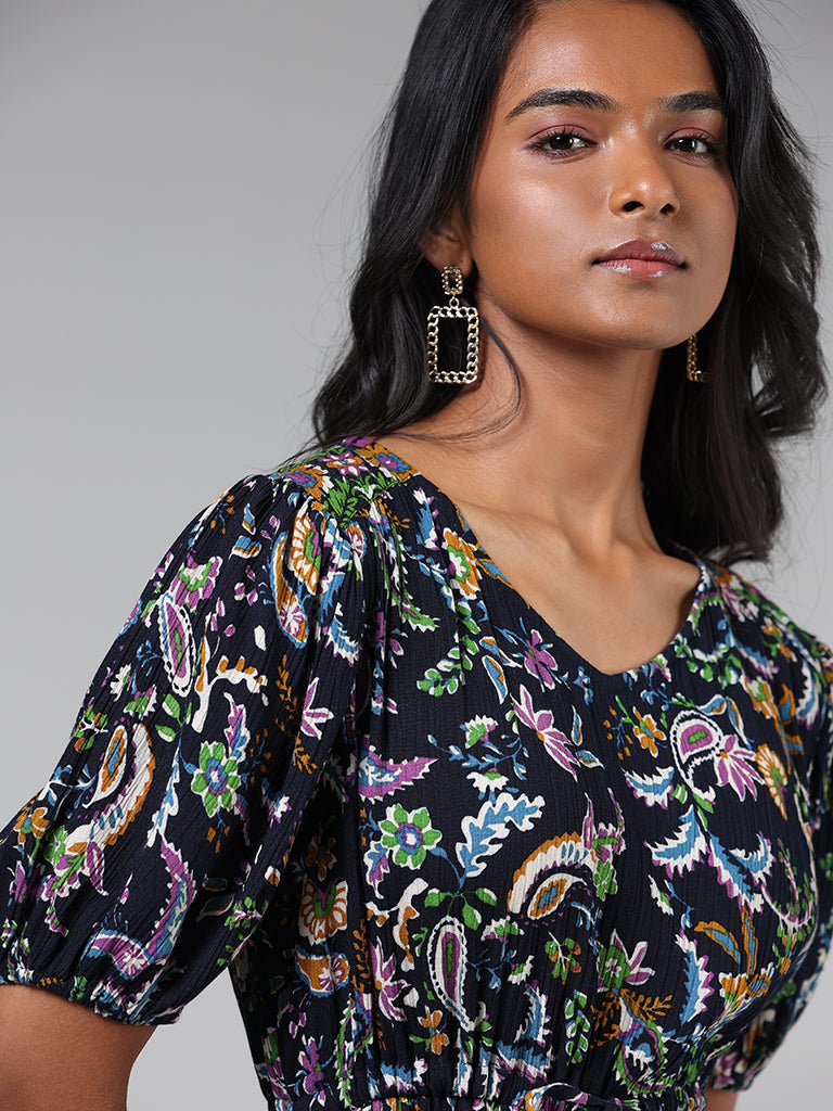 LOV Navy Blue Floral Paisley Printed Tiered Dress