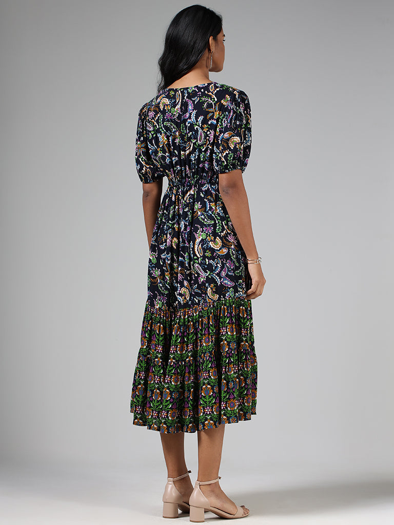 LOV Navy Blue Floral Paisley Printed Tiered Dress