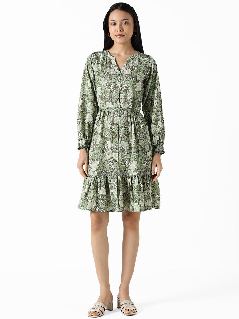 LOV Sage Green Printed Slim Fit Dress