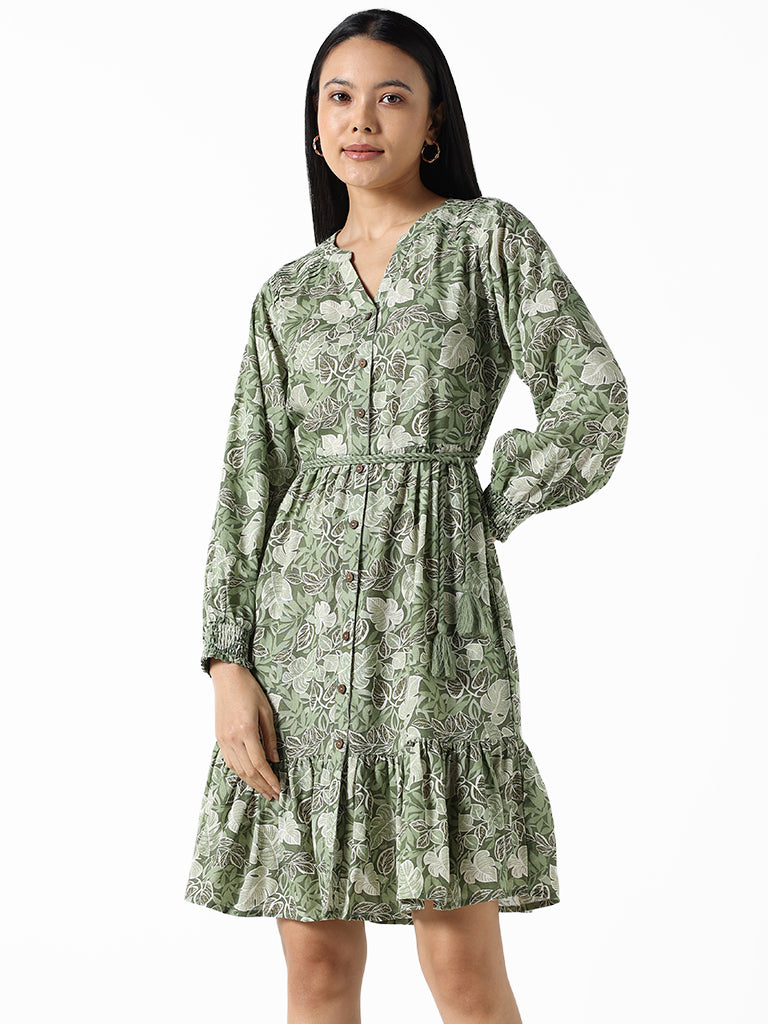 LOV Sage Green Printed Slim Fit Dress