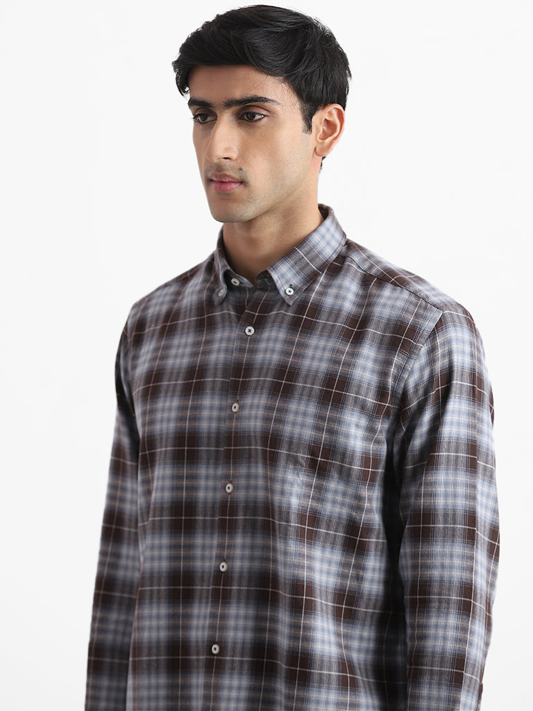 Ascot Ash Blue & Brown Printed Checkered Relaxed Fit Shirt