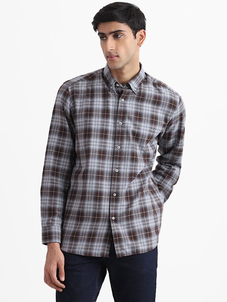Ascot Ash Blue & Brown Printed Checkered Relaxed Fit Shirt