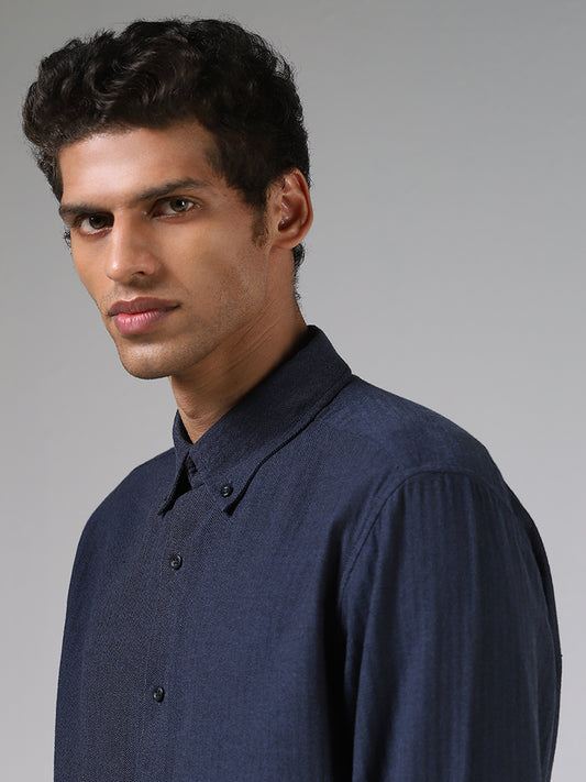 Ascot Mid Blue Textured Cotton Relaxed Fit Shirt
