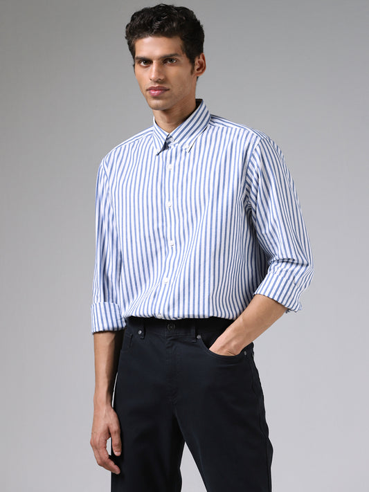 Ascot White and Blue Striped Relaxed Fit Shirt