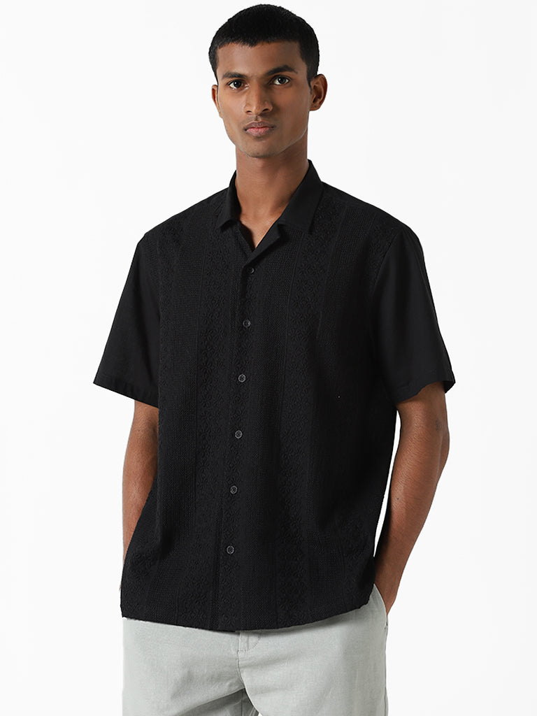 ETA Black Embroidered Resort Fit Dobby Shirt