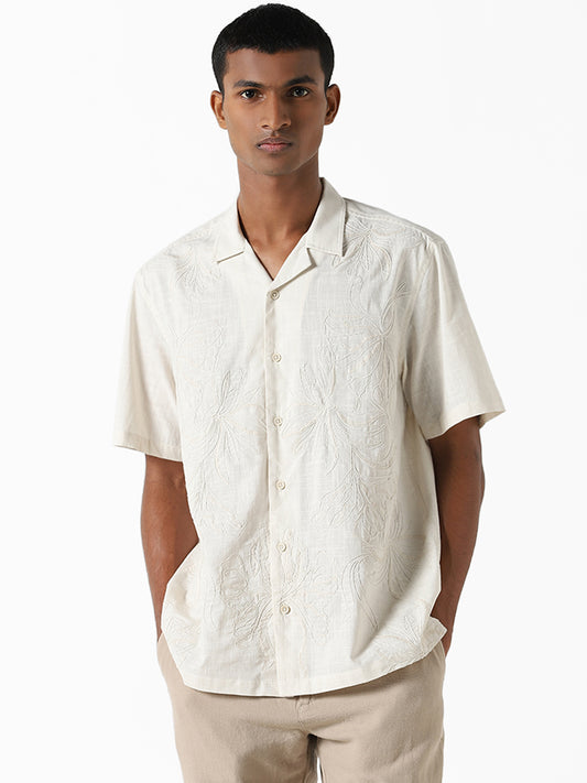 ETA Off-White Embroidered Cotton Resort Fit Dobby Shirt