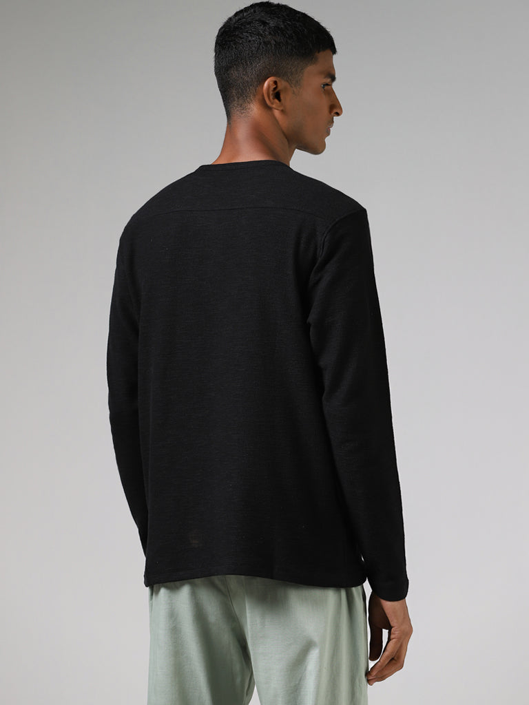Westside ETA Men's Black Henley Neckline Slim-Fit Cotton T-Shirt for Casual Wear Back View