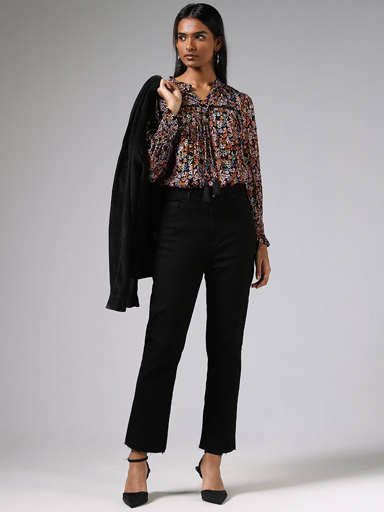 LOV Black Floral Printed Tie-up Top