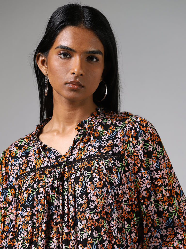 LOV Black Floral Printed Tie-up Top