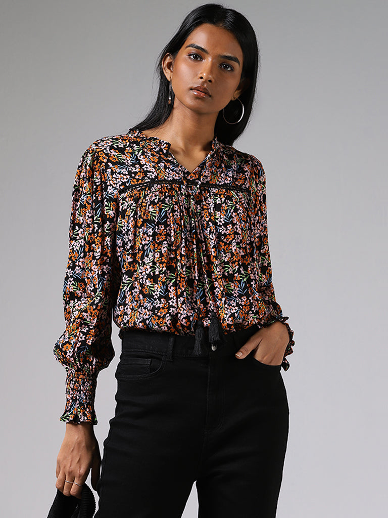 LOV Black Floral Printed Tie-up Top