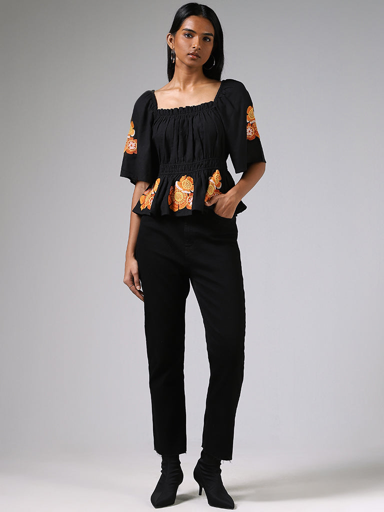 LOV Black Floral Embroidered Shirred Top