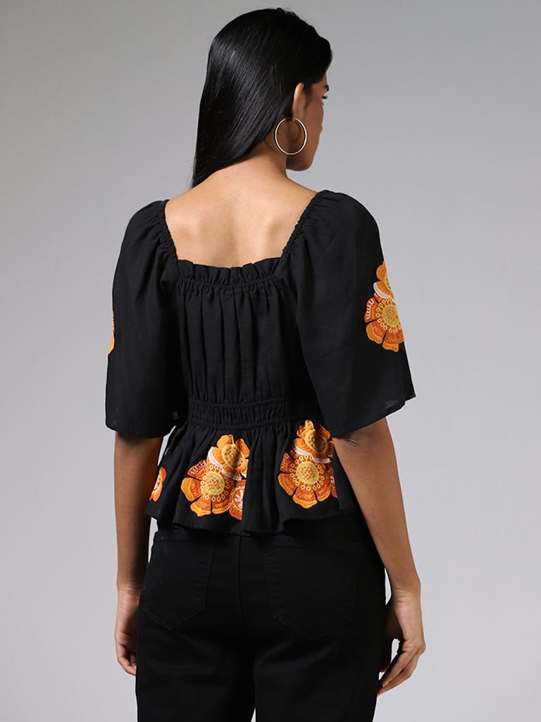 LOV Black Floral Embroidered Shirred Top