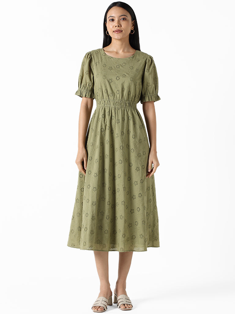 LOV Sage Green Embroidered Floral Regular Fit Dress