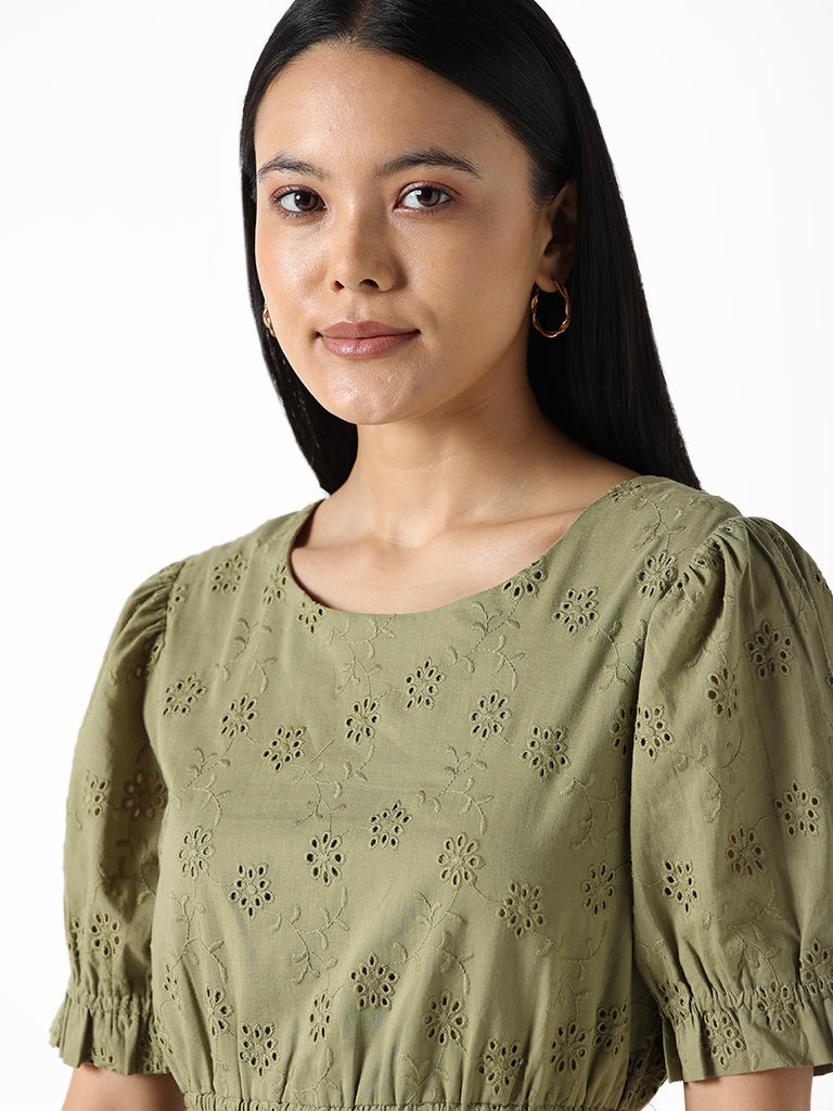 LOV Sage Green Embroidered Floral Regular Fit Dress