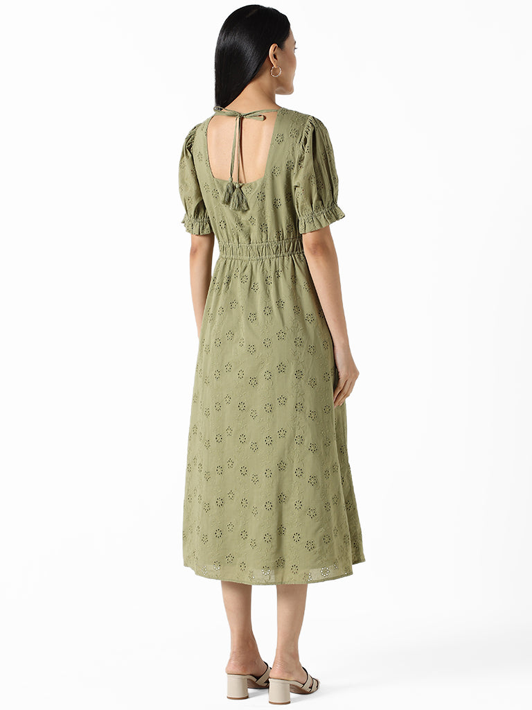 LOV Sage Green Embroidered Floral Regular Fit Dress