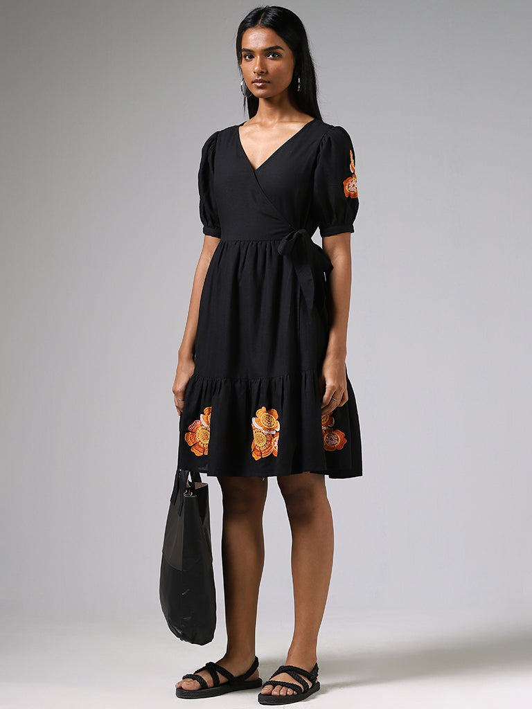 LOV Black Floral Embroidered Wrap Dress
