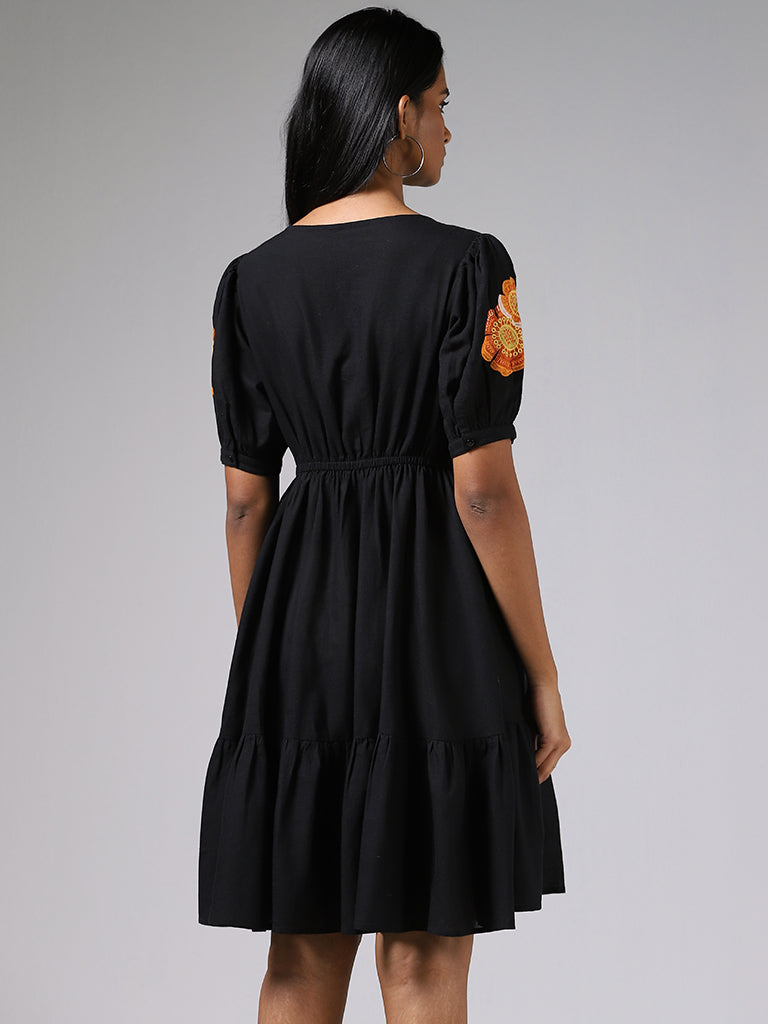 LOV Black Floral Embroidered Wrap Dress