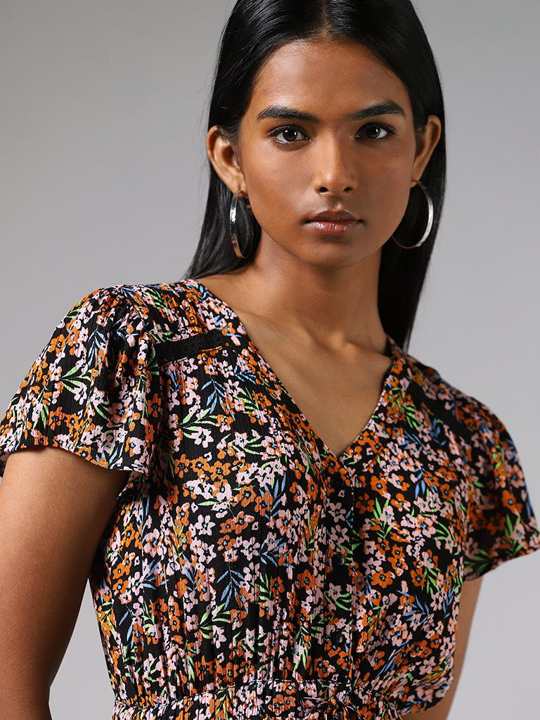 LOV Black Floral Printed Long Dress