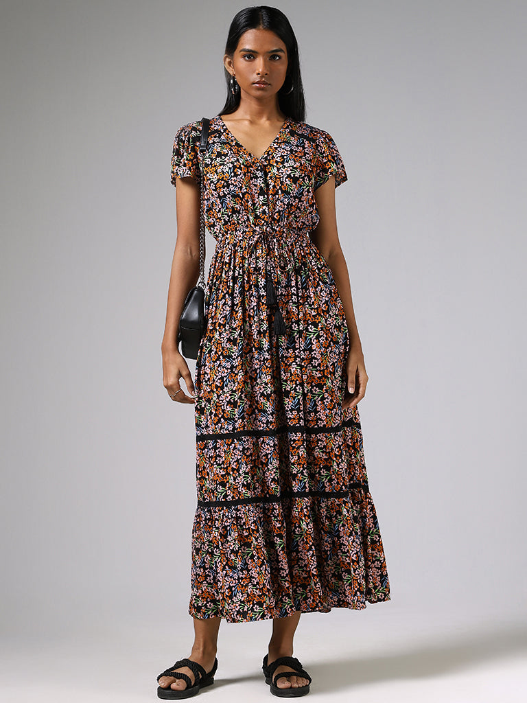 LOV Black Floral Printed Long Dress