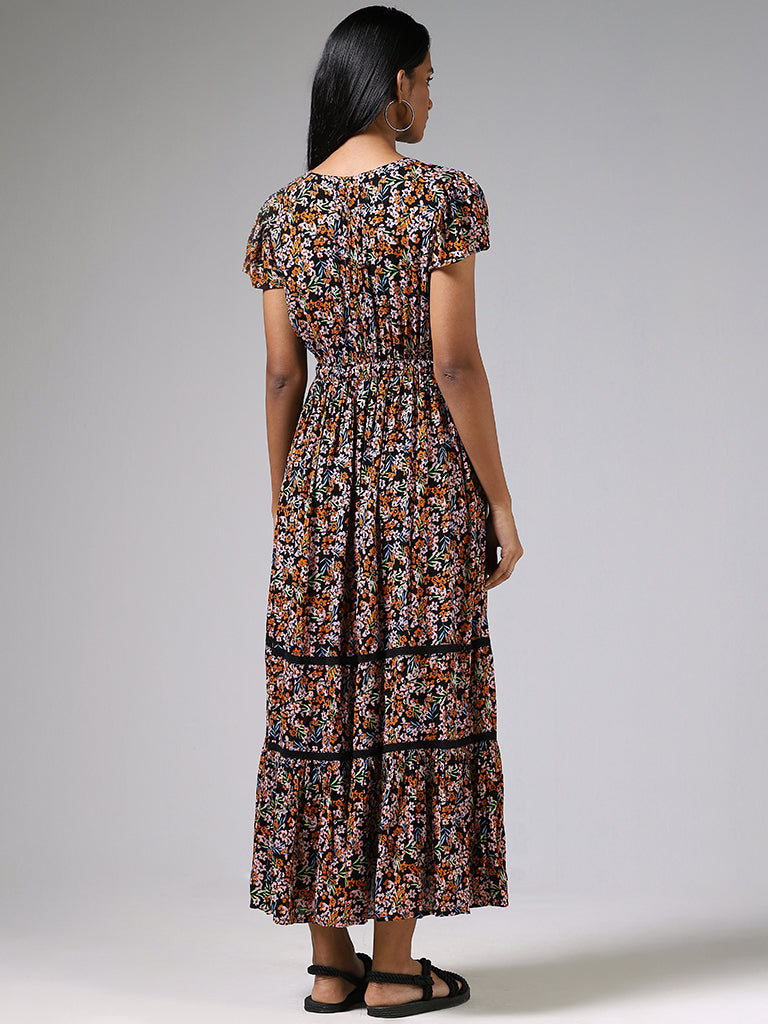 LOV Black Floral Printed Long Dress