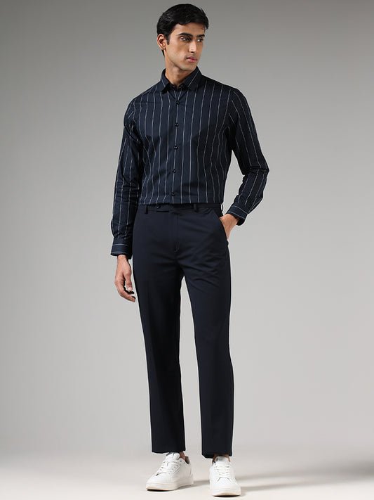 WES Formals Navy Blue Striped Cotton Slim Fit Shirt