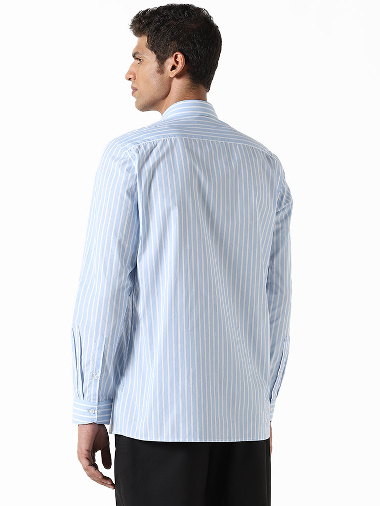 WES Formals Striped Blue Cotton Slim Fit Shirt