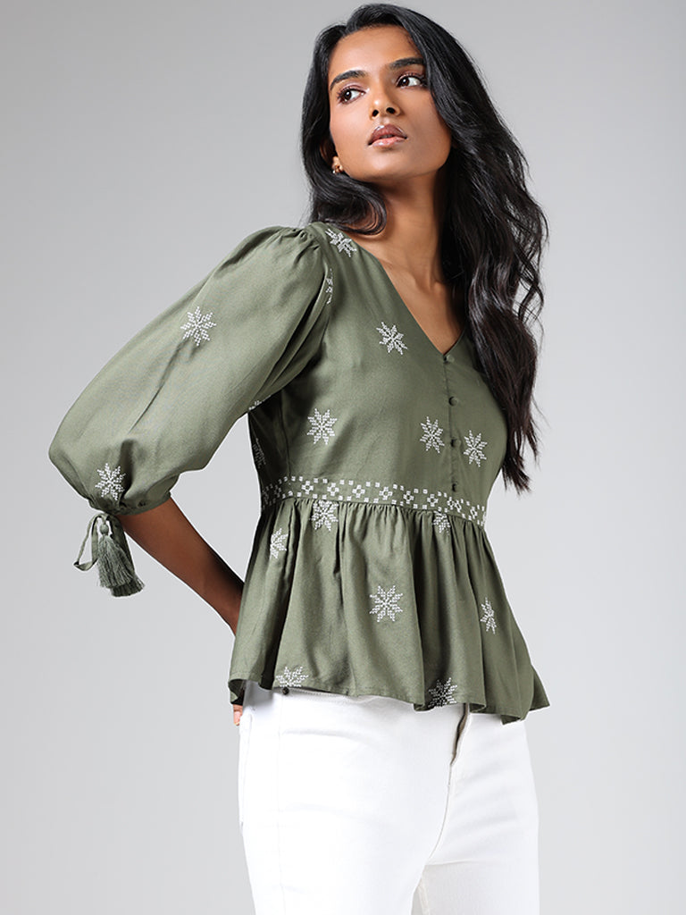 LOV Olive Green Embroidered Gathered Top