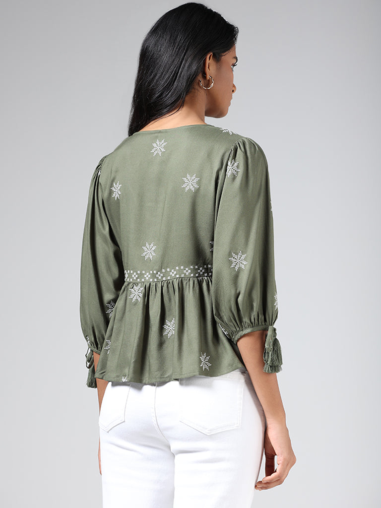 LOV Olive Green Embroidered Gathered Top