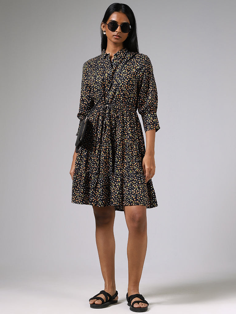 LOV Black Floral Printed Tiered Dress