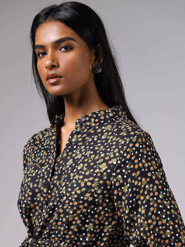 LOV Black Floral Printed Tiered Dress