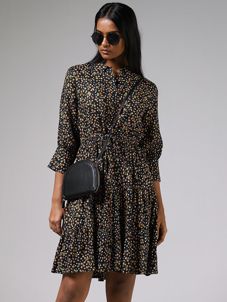LOV Black Floral Printed Tiered Dress