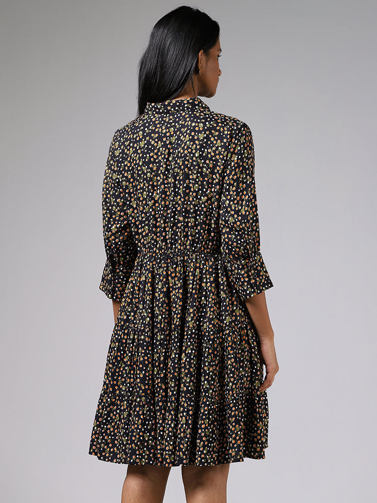 LOV Black Floral Printed Tiered Dress