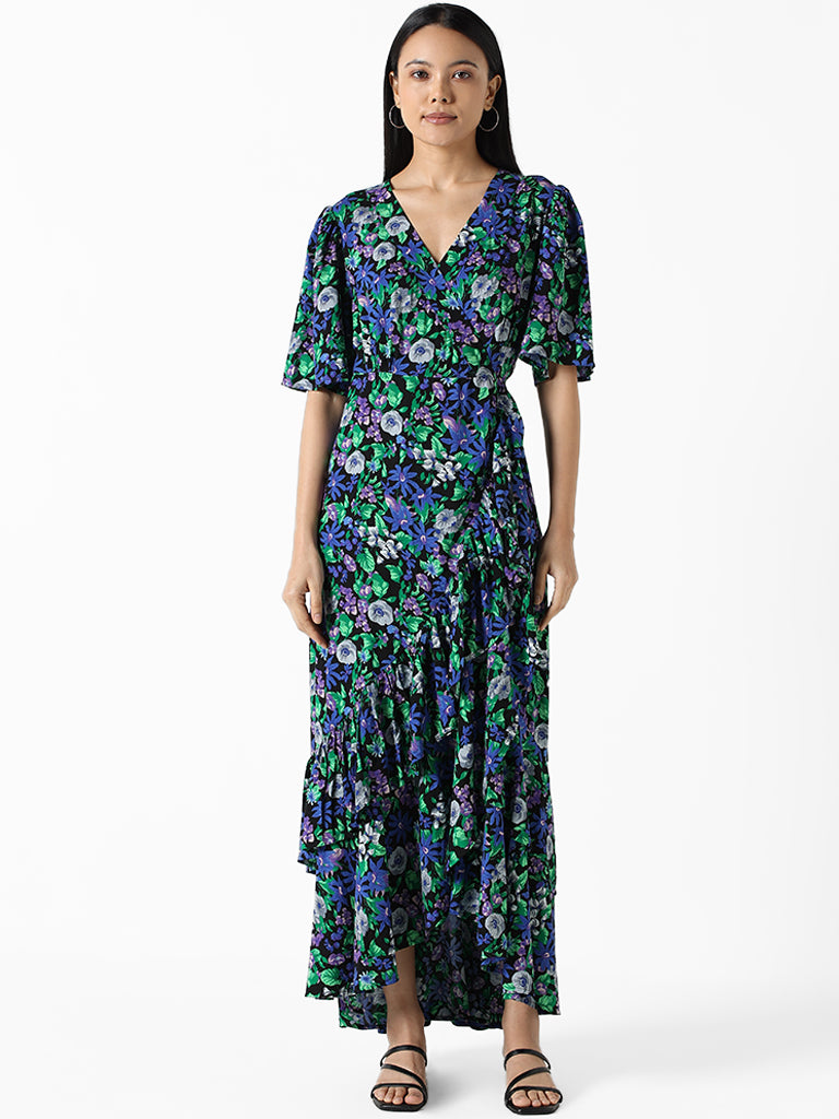 LOV Black Multicolored Printed Floral Slim Fit Athena Wraparound Dress