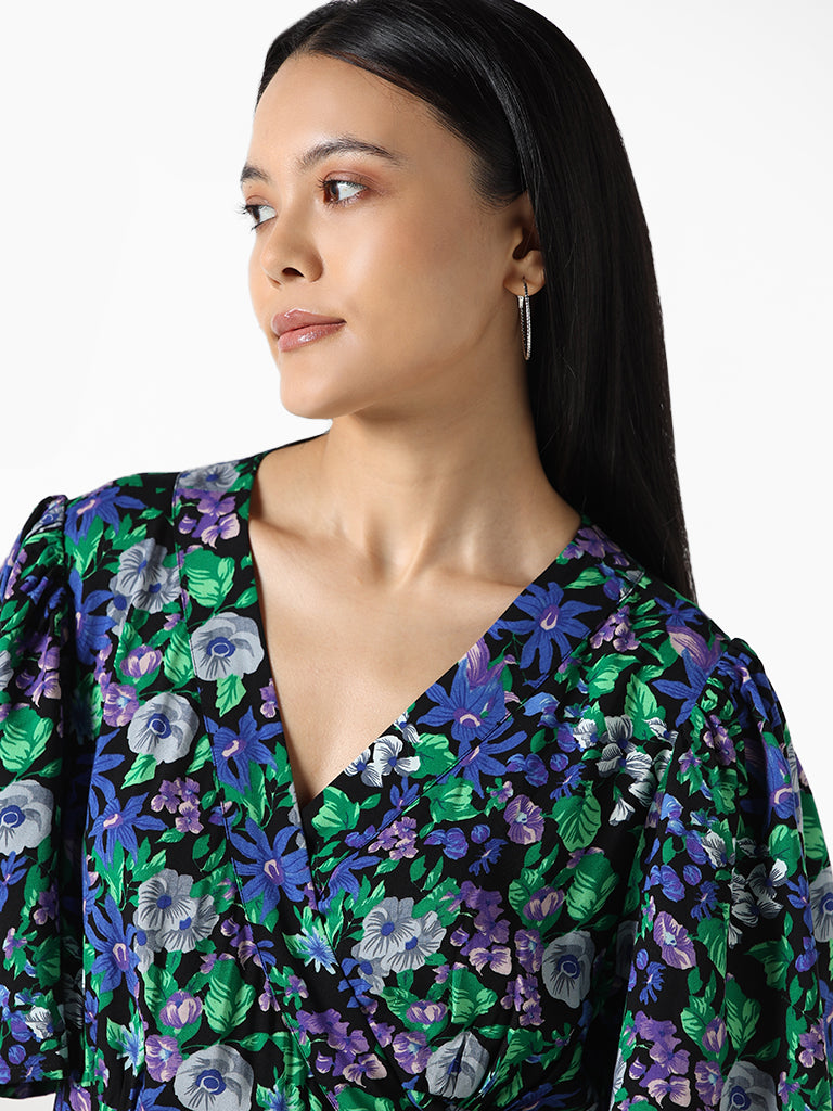 LOV Black Multicolored Printed Floral Slim Fit Athena Wraparound Dress
