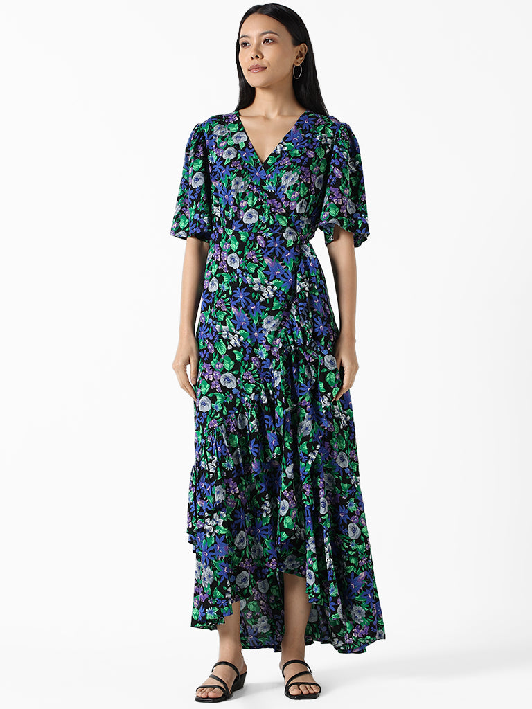 LOV Black Multicolored Printed Floral Slim Fit Athena Wraparound Dress