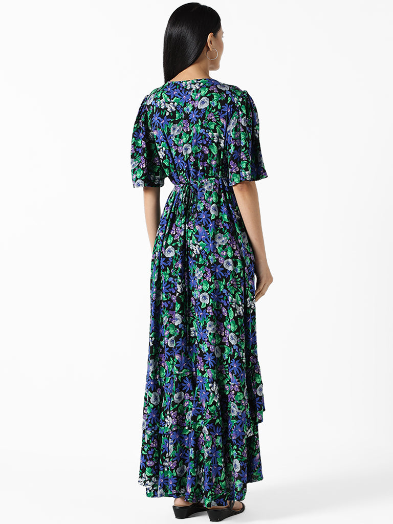 LOV Black Multicolored Printed Floral Slim Fit Athena Wraparound Dress