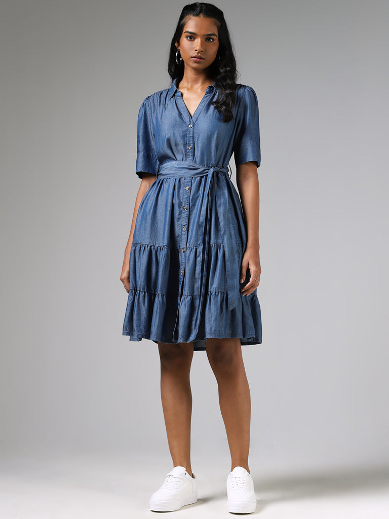 LOV Mid Blue Button Down Tiered Dress