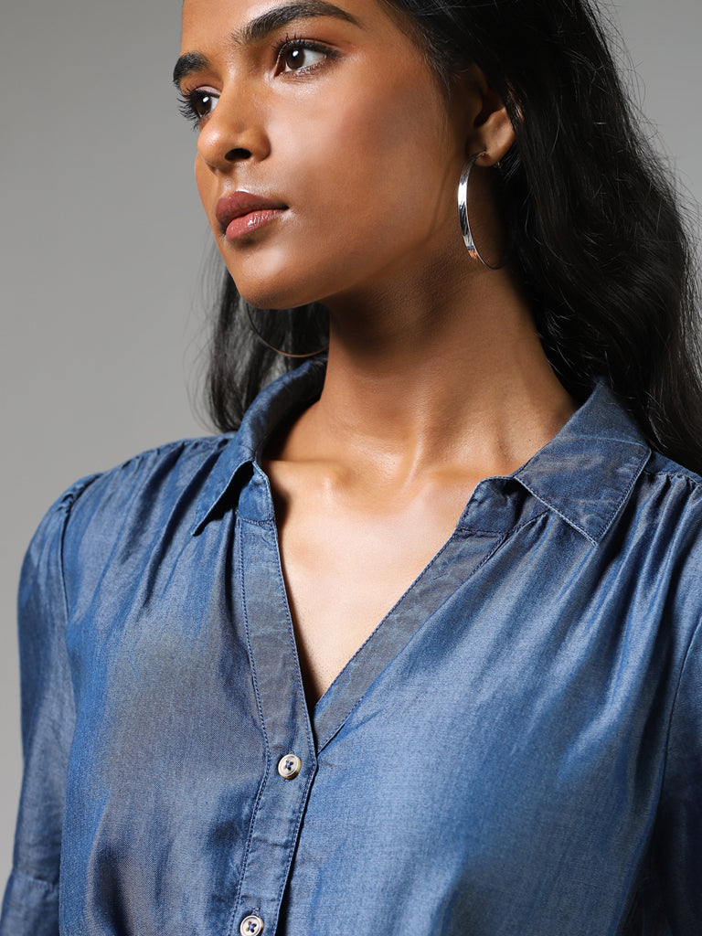 LOV Mid Blue Button Down Tiered Dress