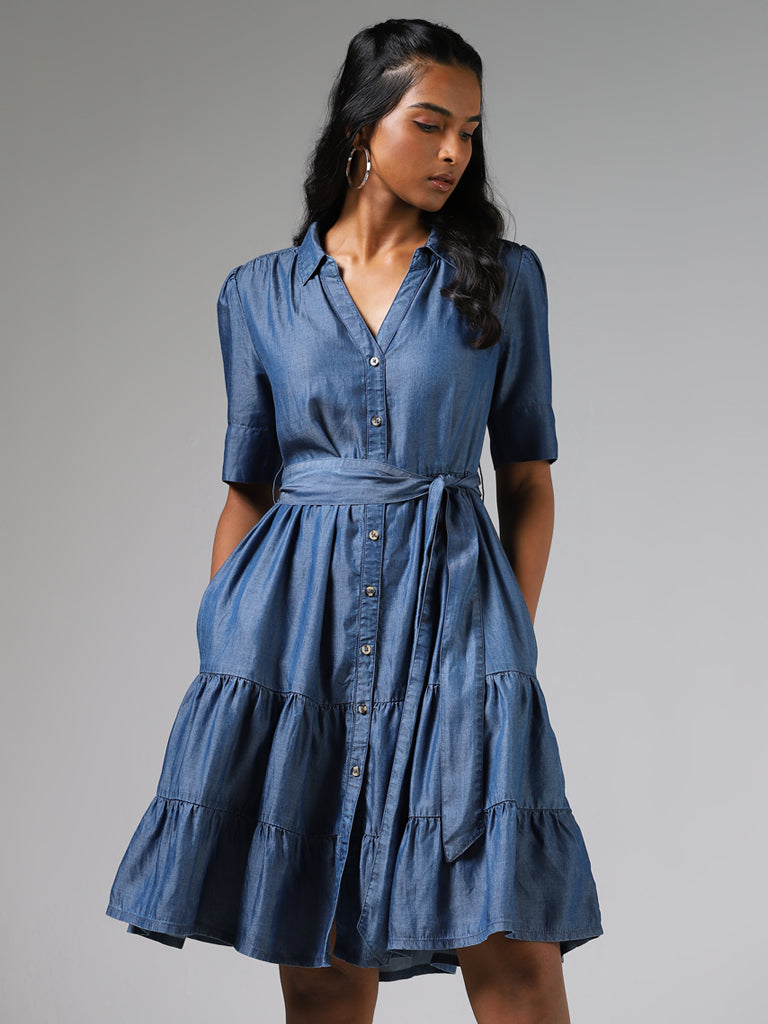 LOV Mid Blue Button Down Tiered Dress