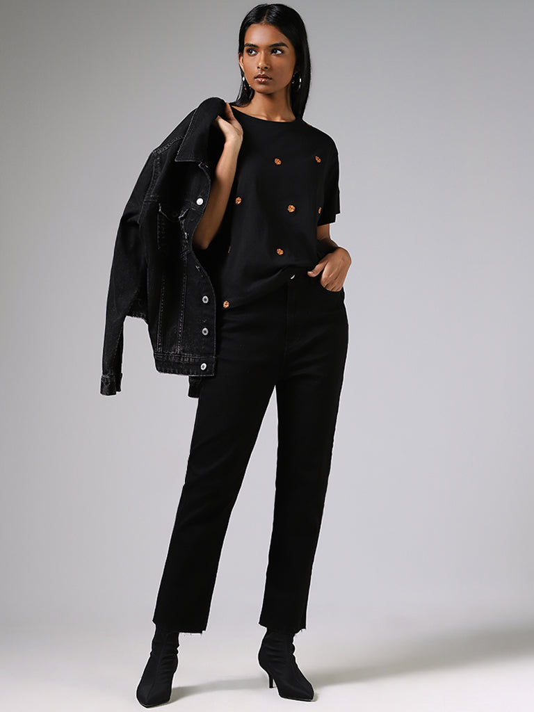 LOV Black Floral Embroidered Top