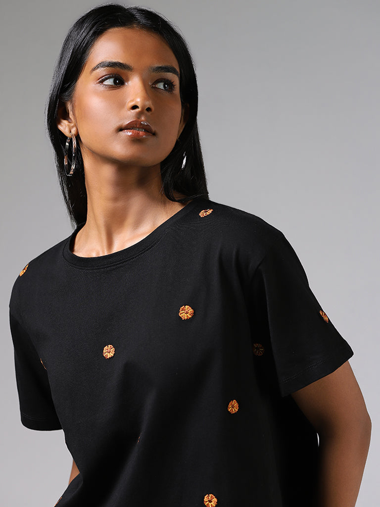 LOV Black Floral Embroidered Top