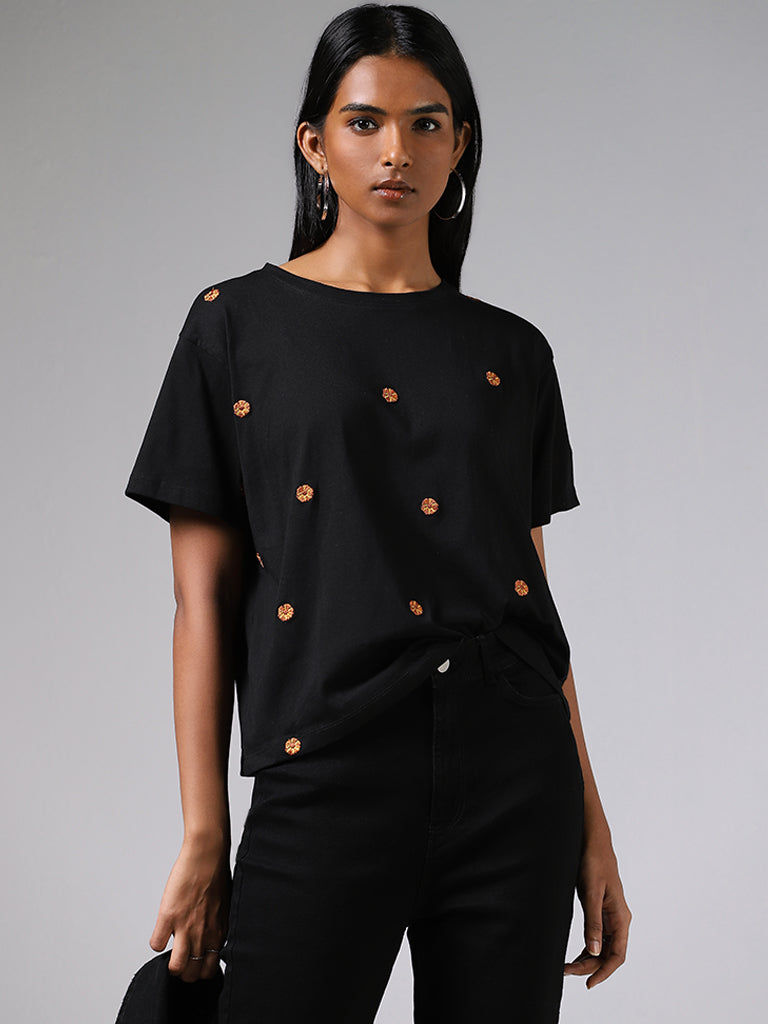 LOV Black Floral Embroidered Top